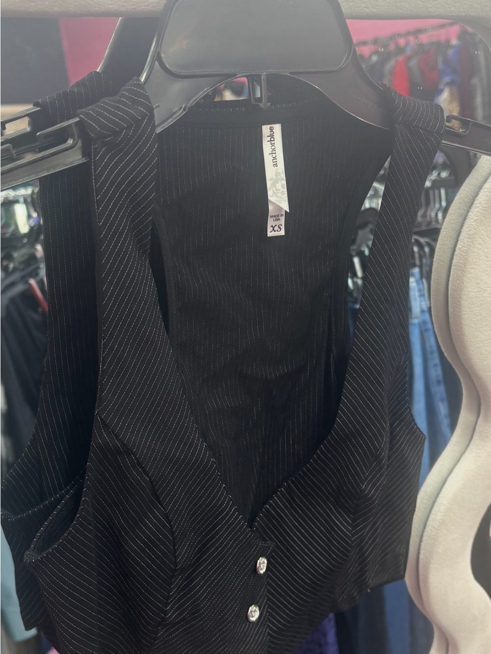 VINTAGE,anchor blue Black Pinstripe Vest with Shimmer